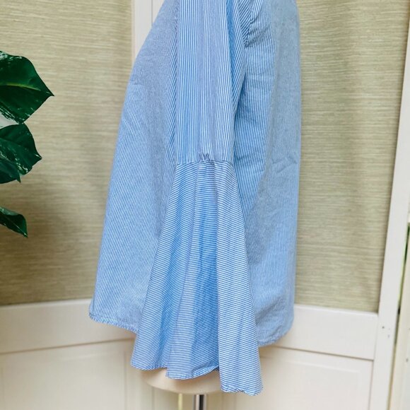 Philosophy Blouse Blue White Pinstripe V Neck Bell Flutter Sleeves Boho Top - Picture 4 of 6